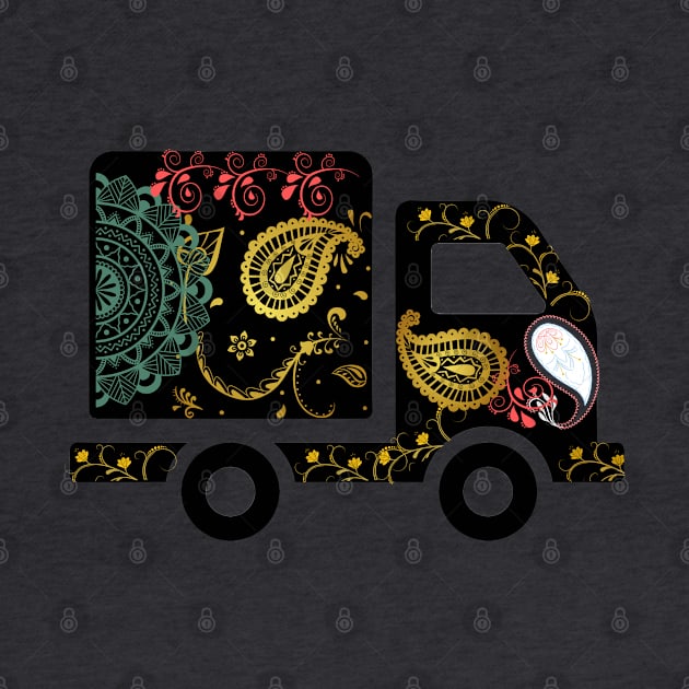 Black truck art motif illustration with paisley design pattern by Haze and Jovial